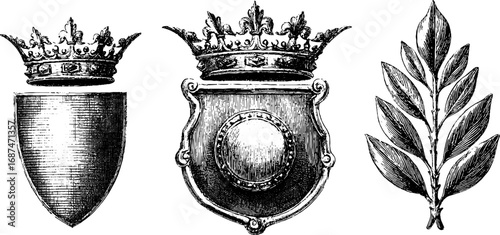 Vintage heraldry set: engraved coats of arms and crowned shields for design and decoration