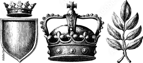Heraldic engraved collection of shields crowns and laurel leaves for vintage design