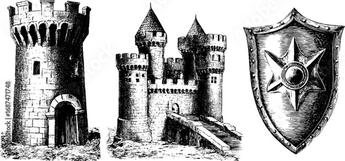 Medieval castle and shield engraving collection for design and decoration