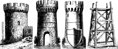 Medieval castle towers and structures engraving set for historical design and decor
