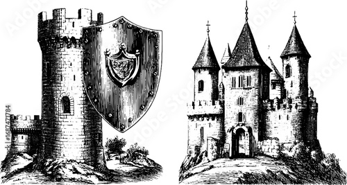 Medieval castle tower collection: engraved illustrations of historic architecture