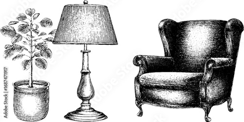 Minimalist interior elements engraving set: chair, lamp, and plant for design and decoration