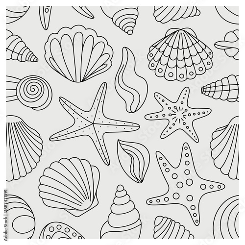 This charming seamless pattern features detailed hand-drawn seashells and starfish, set against a soft gray background. The clean lines and intricate designs capture the essence of marine life.