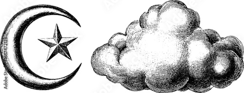 Engraved crescent moon and cloud sketch collection for artistic design