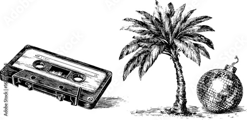 Nostalgic neon cassette and disco ball with palm tree engraving - vintage design for retro themes