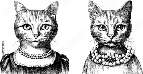 Elegant noblewoman cats in vintage engraved style collection for decorative designs