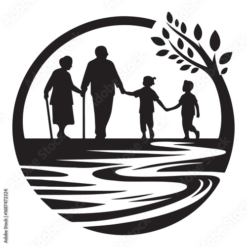 grandparents with kids vector silhouette clipart logo design illustration