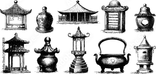 Oriental temple designs with engraved illustration set for cultural decor