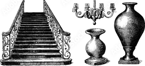 Elegant palace interior elements engraving collection for classic design
