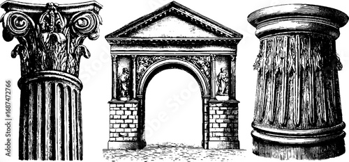 Roman architecture engraving set: ancient columns and arch design for print