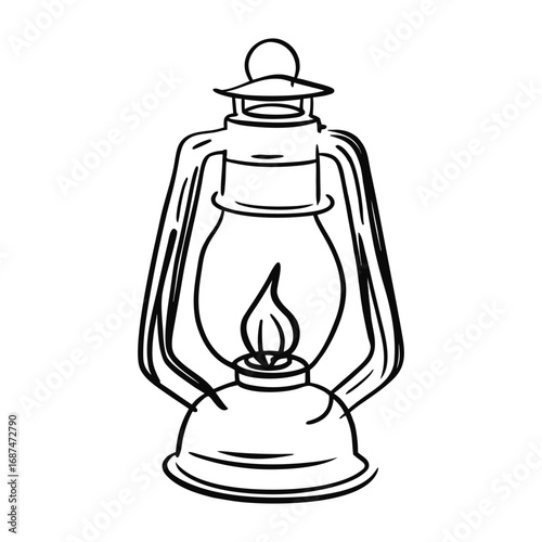 Black and white line drawing of a vintage kerosene lantern with a lit flame lamp light