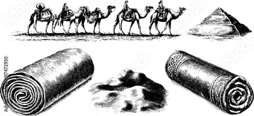 Silk road journey engraved illustration set featuring camels and trade goods
