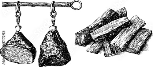 Traditional smokehouse illustration set featuring meat and hooks for culinary design