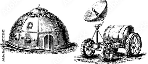 Space colony architecture and technology engraved illustration set for retro design