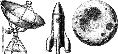 Vintage space exploration engraving set featuring satellite dish rocket and moon for science print design