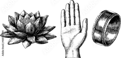 Spirituality and lotus art: engraved illustration set featuring lotus, hand, and ring design for meditation themes