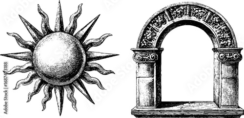 Gothic stained glass engraved illustration set featuring sun motif and architectural arch design