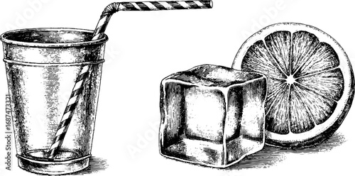 Vintage street drinks: hand drawn set featuring lemonade, ice, citrus slice