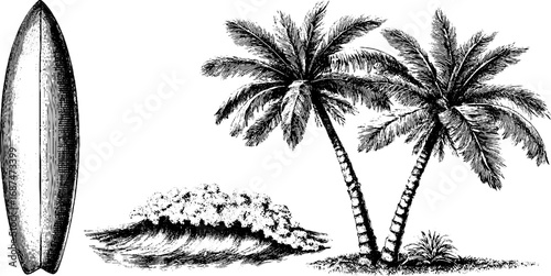 Vintage surf culture illustration set with surfboard and palm trees