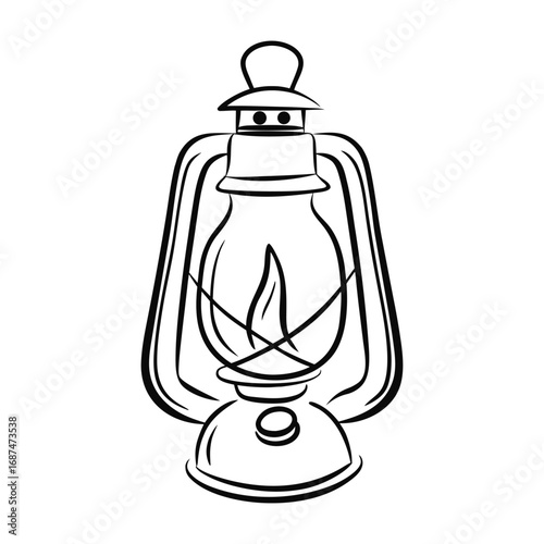 Black line drawing of an old-fashioned kerosene lantern with a lit flame lamp light