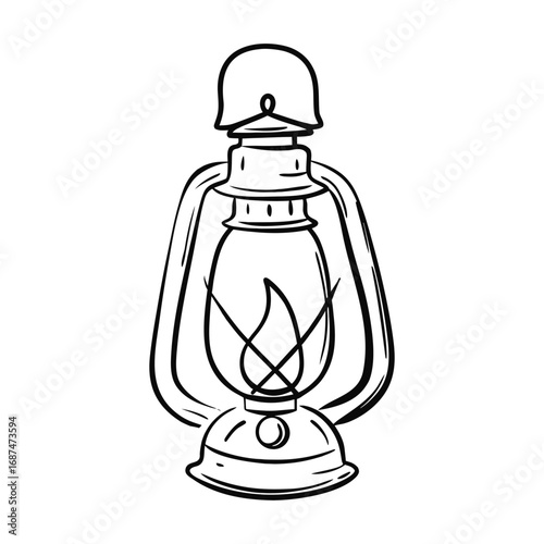 Black outline drawing of a vintage kerosene lantern with a flame lamp light