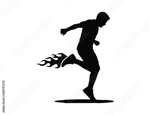 Silhouette of a man running with flames coming from his feet on orange background