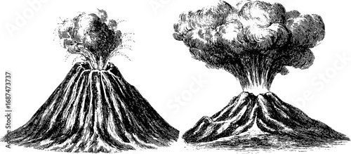 Vintage volcano eruption engraved illustration set for historical design