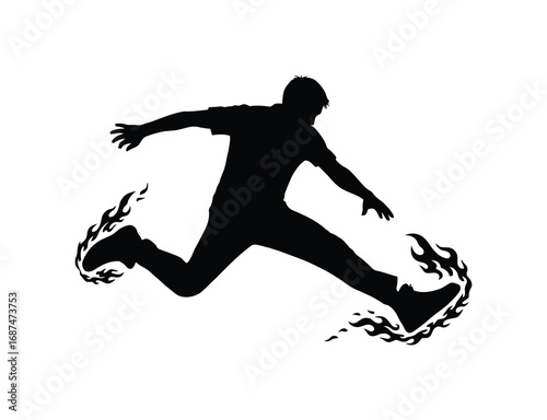 Silhouette of a man leaping with flames on his shoes