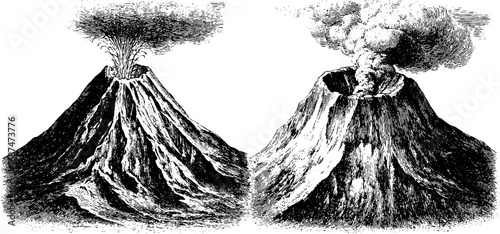 Vintage volcano eruption sketch set for design projects and posters