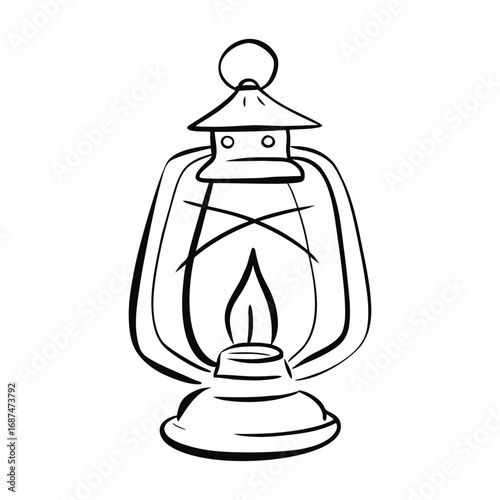 Black outline drawing of an old-fashioned kerosene lantern with a lit flame lamp light