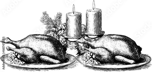 Winter feast celebration with engraved roast and candlelight - vintage hand-drawn illustration for festive design