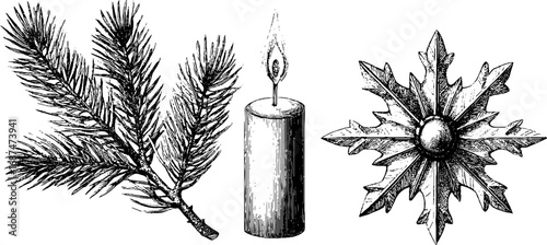 Winter solstice engraved illustration set featuring pine branch, candle, and snowflake