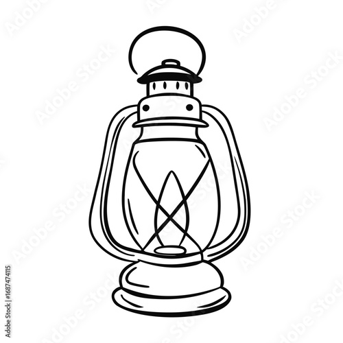 Black outline illustration of a vintage kerosene lantern on a white background lamp