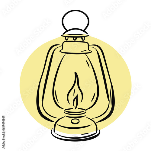 Black outline kerosene lamp with flame on pale yellow circle background light