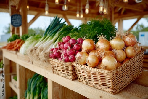 Variedad de cebollas frescas en un mostrador de verduras en el mercado local al aire libre