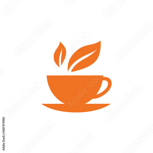 Orange tea cup with two leaves above it sitting on a saucer against a white colored background view