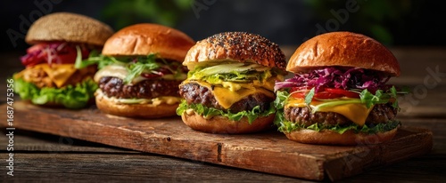 The gourmet burgers lined up on a wooden board with fresh toppings and buns.