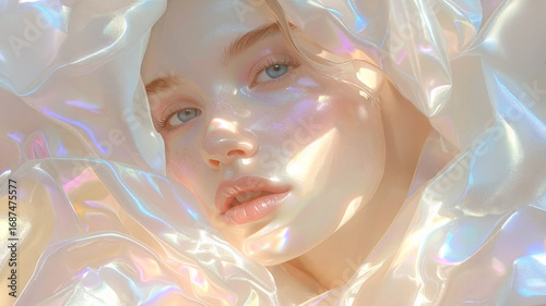 Sensitive Fantasy Beauty surrounded by iridescent dreamy mother of pearl likesilk fabric