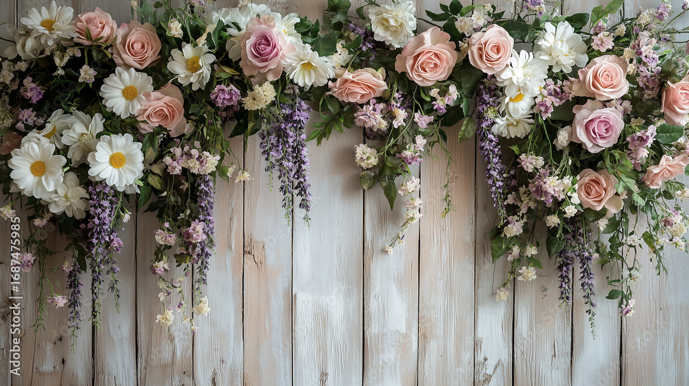 Fototapeta premium rustic wedding maternity backdrop wooden wall floral arch lavender daisies pink roses natural design