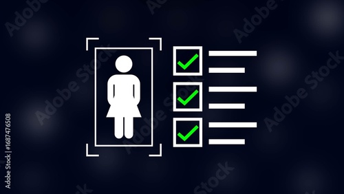 female with check mark in boxes on black background.