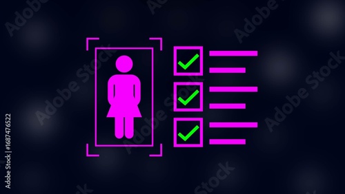 female with check mark in boxes on black background.