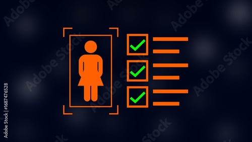female with check mark in boxes on black background.