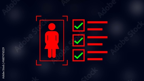 female with check mark in boxes on black background.