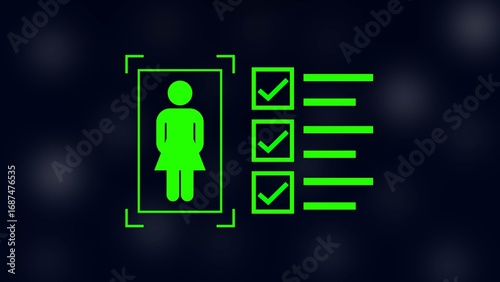 female with check mark in boxes on black background.