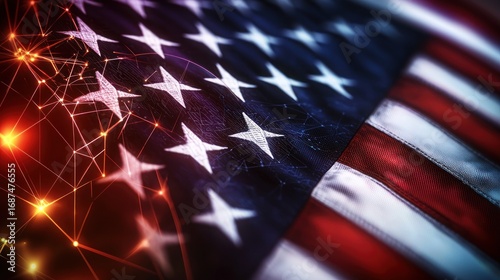 American flag with a network of glowing connections overlaid, symbolizing technology and the United States.