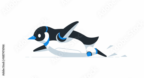 Stylized Penguin Illustration with Blue Accents in Dynamic Running Pose.