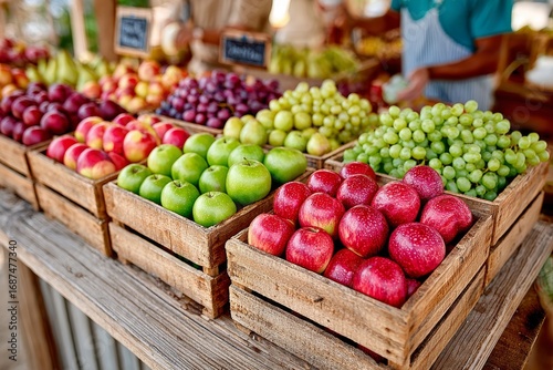 Stands de frutas frescas con variedad de manzanas en un mercado local