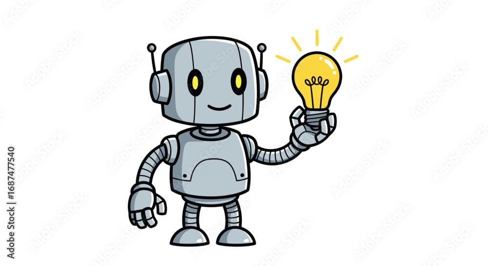 Fototapeta premium Smiling cartoon robot holding a glowing light bulb, representing a bright idea or innovation.