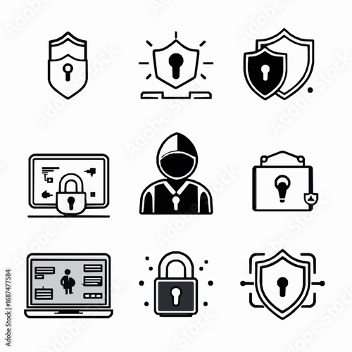 Cybersecurity icons in black and white including shields, locks, and a person on white background data protection