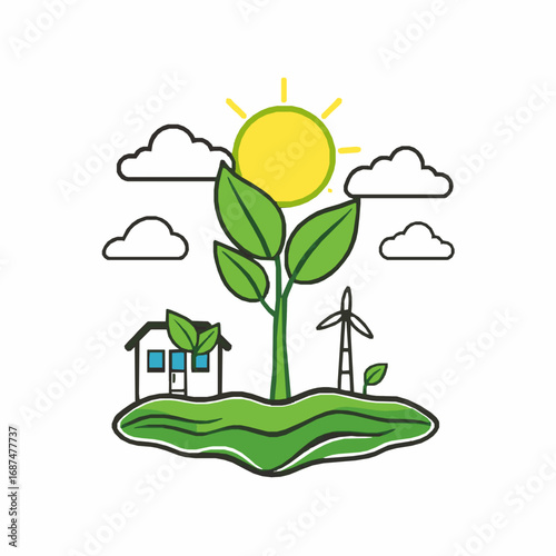 Eco friendly renewable energy and sustainable living concept illustration with sun clouds and wind turbine